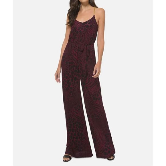 Michael Michael Kors Jumpsuit Red Black Leopard Wide Leg Chain Straps Large - Picture 2 of 15